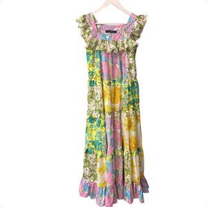 Dalia MacPhee Floral Patchwork Multicolor Ruffled Maxi Dress Women's size S